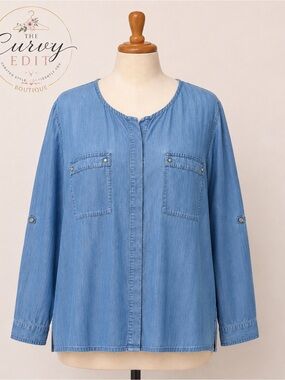 Bonprix 100% TENCEL Lyocell Chambray Button-Up Blouse Made in Germany 2X measure